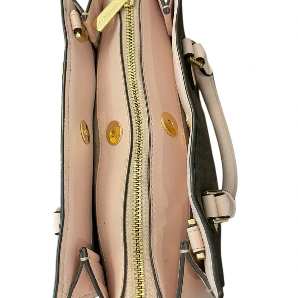 Michael Kors Marilyn Small‎ MK Logo Satchel Purse Bag Brown Blush Pink Designer